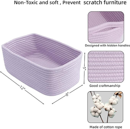 XUANGUO Small Woven Storage Baskets 12“X8”X5“ Decorative Rope Bins for Organizing Shelves, Closets, and Toys, Empty Gift Baskets, Cute Organizer Basket for Home and Office (purple, regular)