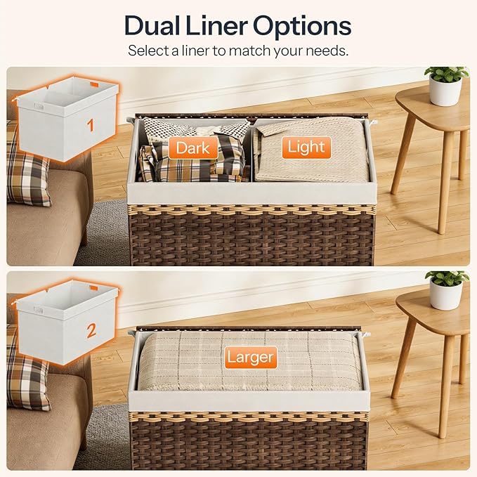 HOOBRO Storage Basket with Lid, 42.3 Gallon (160L) Wicker Storage Basket with 2 Separate Lid, Blanket Storage Bin with 2 Removable Liner Bags, for Bedroom, Laundry, Brown and Natural BR276CW01