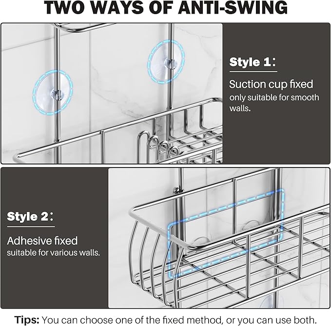 Epicano Anti-Swing Hanging Shower Caddy Stainless Steel 304, Over Head Shower Caddy Rustproof with hooks for Towels, Sponge and more, Chrome