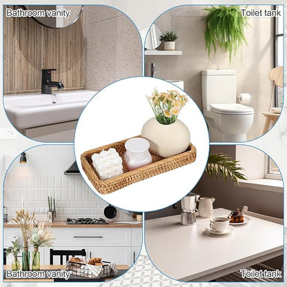 COMNICO Rattan Bathroom Vanity Tray, 10 Inch Natural Water Hyacinth Toilet Tank Baskets Decorative Wicker Vintage Storage Basket Topper Bins for Bathroom Kitchen Countertop Table