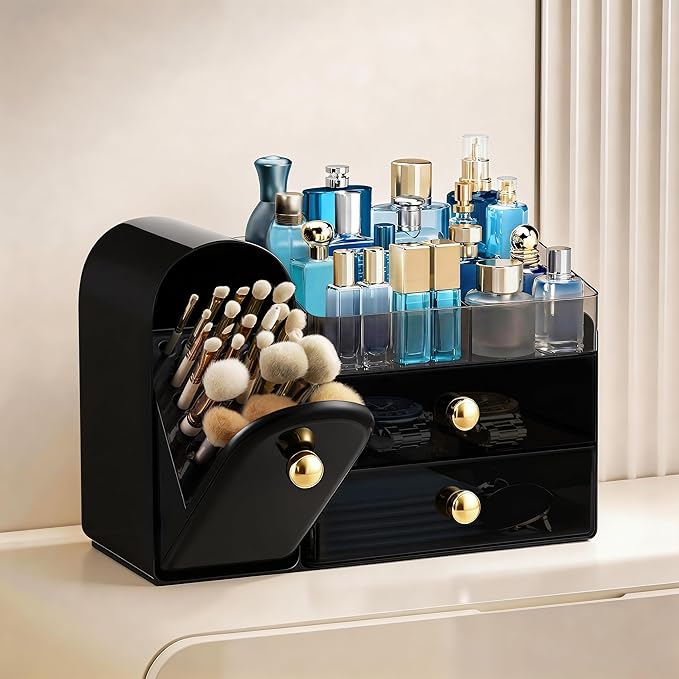 HBlife Makeup Organizer Countertop with Drawers, Vanity Organizers with Brush Holder, Bathroom Counter Organizer for Perfume, Nail Polishes, Lipsticks, Skincare and Eyeshadow Palettes, Black and Gold