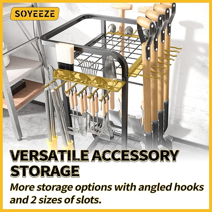 SOYEEZE Garden Tool Organizer with Large Wheels, Heavy Duty 3-Tier Yard Tower Tool Rack for Garage, Holds Up to 35 Long-Handled Tools, Garden Tool Cart with 12 Hooks for Tool Organization Storage
