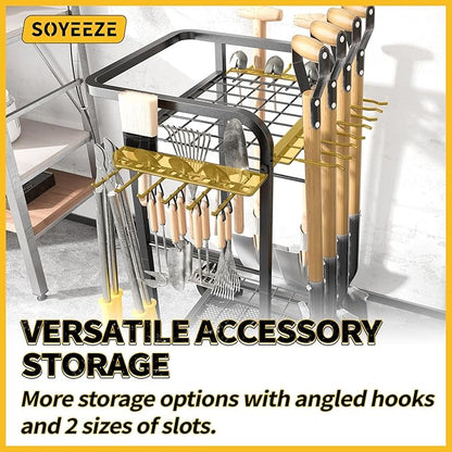 SOYEEZE Garden Tool Organizer with Large Wheels, Heavy Duty 3-Tier Yard Tower Tool Rack for Garage, Holds Up to 35 Long-Handled Tools, Garden Tool Cart with 12 Hooks for Tool Organization Storage