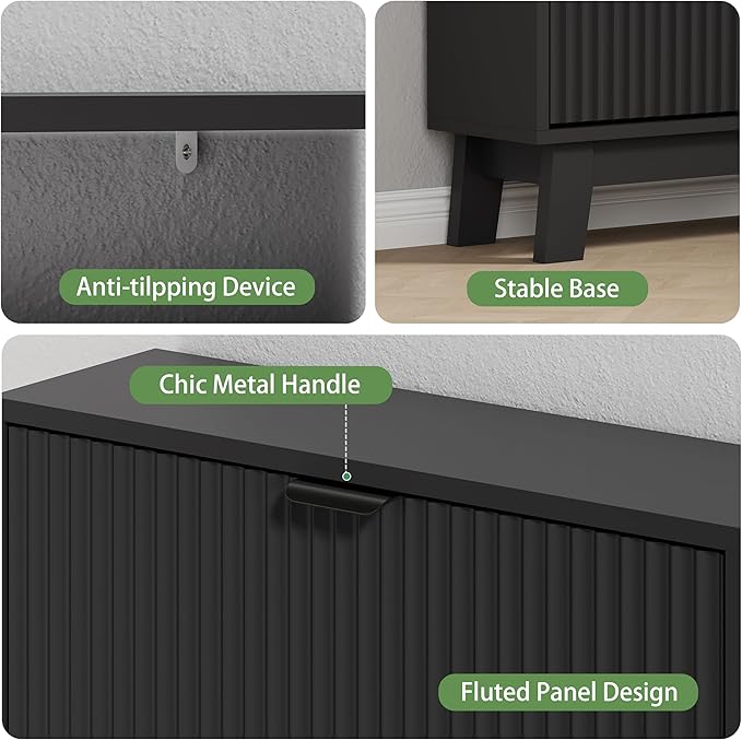 Xixini Shoe Cabinet with 3 Flip Drawers, 54" Tall Narrow Fluted Shoe Storage Organizer for Entryway, Hidden Wooden Shoe Rack with Adjustable Side Cabinet for Front Door Entrance, Hallway, Solid Black