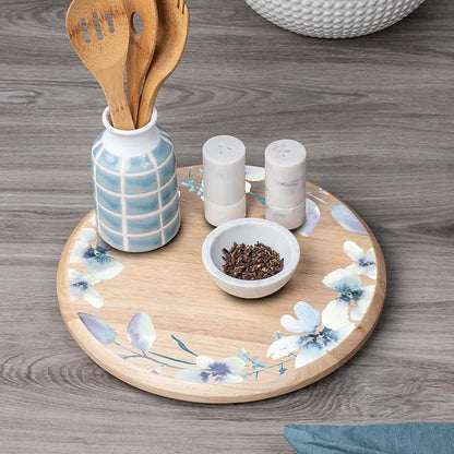 CounterArt Decorative Round Natural Wood Lazy Susan Turntable 14" Diameter Condiment Caddy, Cheese Server, Cake Plate, Spice Organization (Floral Wreath)