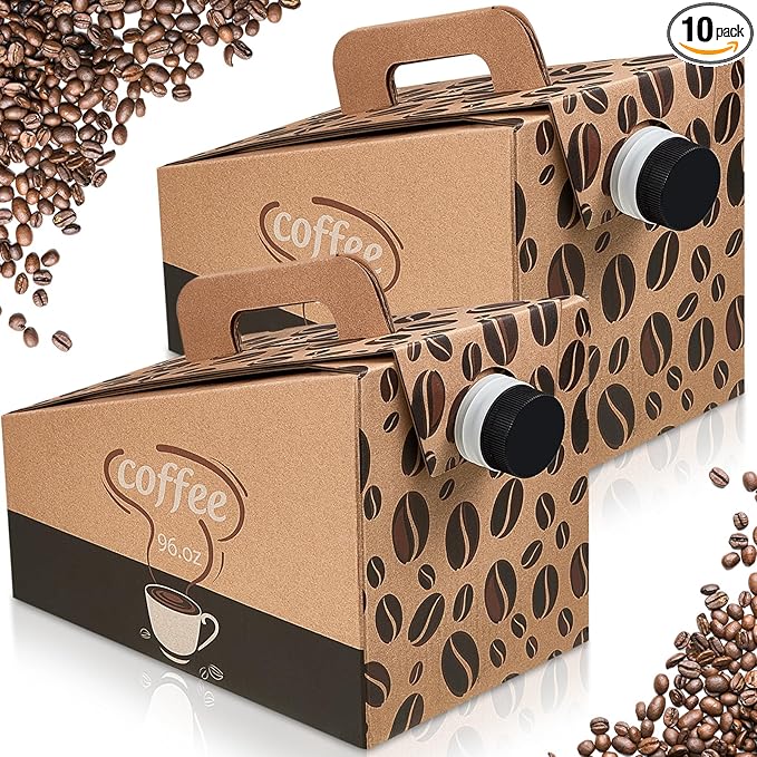 Dandat 10 Pack Disposable Coffee Dispenser Box 96 oz - Thick Hardboard Insulated Coffee to Go Container with Handle & Lids, Hot Cold Bulk Beverage Dispenser for Parties, Catering, Take Out