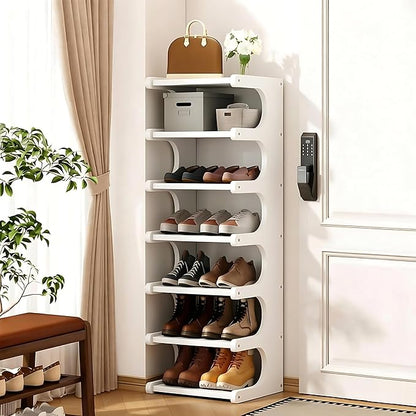 Vertical Shoe Rack 7 Tier, Bamboo Narrow Shoe Rack for Small Spaces, Freestanding Shoe Storage Organizer for Entryway Closet, Space Saving Skinny Shoe Shelf