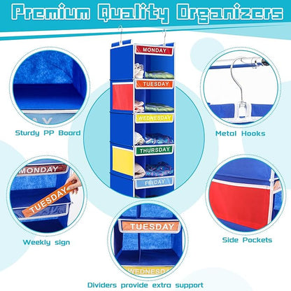 2 Pcs 7 Shelf Weekly Clothes Organizer for Kids Double Grid Hanging Closet Organizer 11. 8 x 11. 8 x 50 Inches Daily Activity Kids Clothes Storage Drawers Cube Closet Hanging Shelves