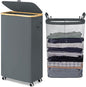 Goodpick Slim Laundry Basket with Wheels and Lid, 75L Rolling Dirty Clothes Hamper for Dorm Bathroom, Large Laundry Hamper with Bamboo Frame Removable Bag, 17" x 9.8" x 29.5", Gray