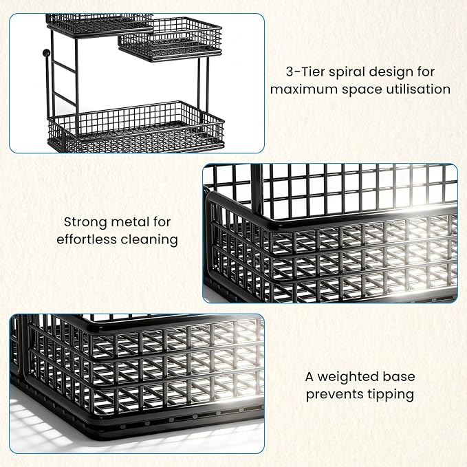 BCWW 3 Tiers Makeup Organizer Countertop Multi Bathroom Counter Organizer Metal Fruit Basket Perfume Skincare Organizers Holder for Vanities, Cabinet, Cosmetic, Dresser Organizer (Square(Black))