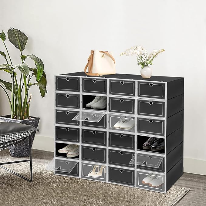 24 Pack Stackable Shoe Boxes with Clear Flip Lids - Foldable Shoe Storage Organizer for Closet Cabinet, Avocado Green/Black Options for Sneakers Flats Home Organization (Black)