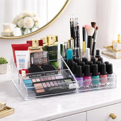 Decozen Makeup Organizer - Vanity Storage with Multiple Compartments and Drawers for Brushes, Lipsticks, Jewelry, Perfect for makeup organizer countertop, makeup holders and organizers, Gift for Mom