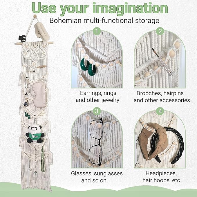 Halidali Hat Organizer for Baseball Caps, Hat Racks Cotton Rope Weaving Cap Stand, Handmade Macrame Hanging Hat Display Holder for Door Storage, Closet, Bedroom (Green, Set of 2)
