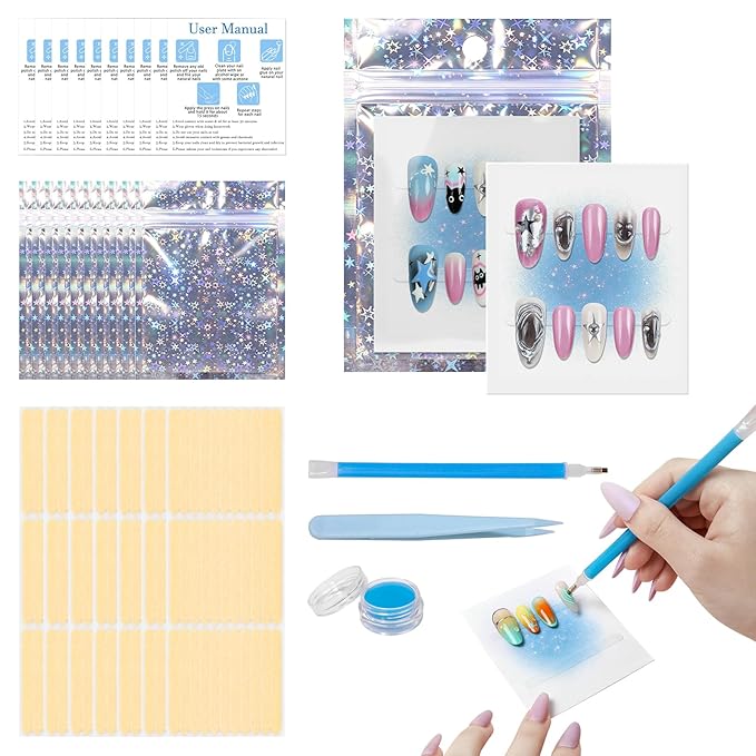 100PCS Press on Nail Packaging Bag, 100PCS Display Card with 231 Pcs Pre-cut Adhesive Tape & Diamond Art Pens & Glue Clay & Tweezers, 6-in-1 Set for Nail Display (Laser star)