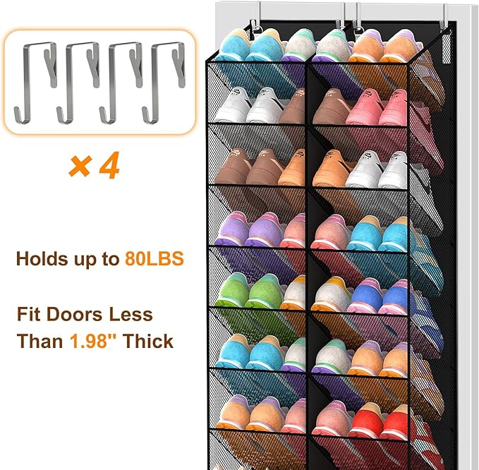 UVIAHOMI 20-30 Pairs Over the Door Shoe Organizer, Breathable Pocket Hanging Shoe Storage for Closet, 10-Tier Door Shoes Rack, Handing Shoes Holder Fit All the Family's Sneakers, Boots, Heels, Black