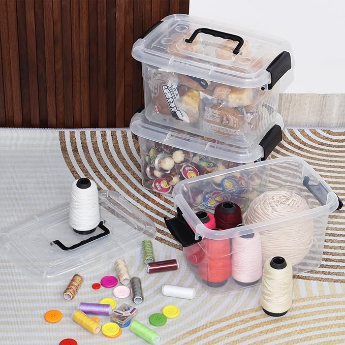 6-Pack Home Storage Bins, Plastic Container, Latching Box with Handle (Black handle)