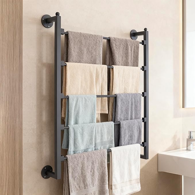 5 Tier Wall Mount Tie Rack Scarf Display Belt Pants Hangers Scarves Hijab Stand, Ribbon Organizer Holder Wrapping Paper Spool Storage Towel Rack for Retail Store,Home,Craft Room,Florist