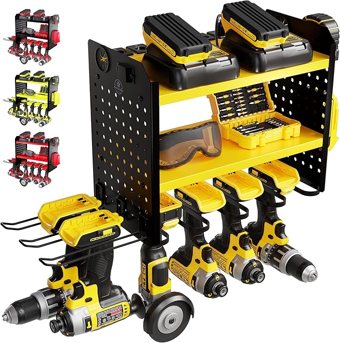 BUILTSTRONG Power Tool Organizer Wall Mount – 3-Tier Heavy-Duty Steel Rack, 6 Drill Slots, Dual Pegboard Sides, Side-by-Side Modular, 100 lb Capacity – Garage & Workshop (Yellow)