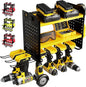 BUILTSTRONG Power Tool Organizer Wall Mount – 3-Tier Heavy-Duty Steel Rack, 6 Drill Slots, Dual Pegboard Sides, Side-by-Side Modular, 100 lb Capacity – Garage & Workshop (Yellow)