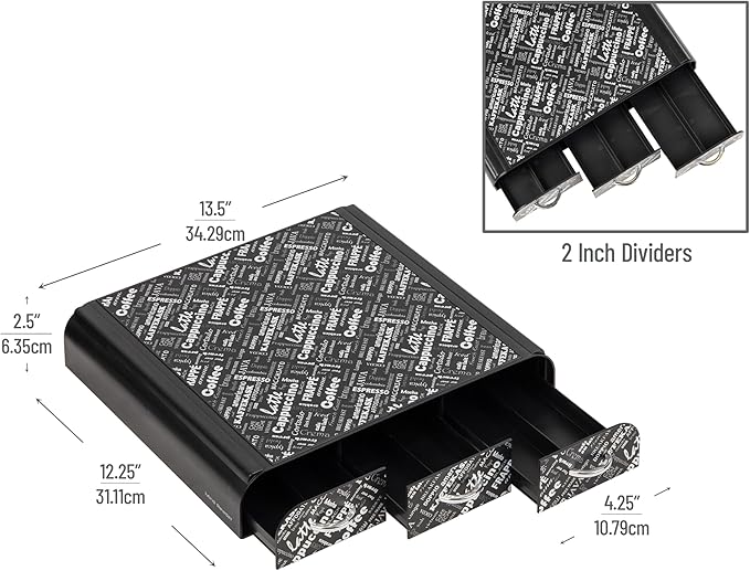 Mind Reader Single Serve Coffee Pod Organizer with 3 Drawers, 36 Pod Capacity, 12.25"L x 13.5"W x 2.5"H, Black Print