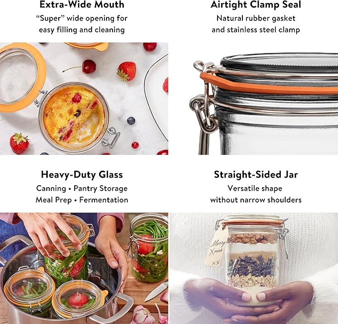 Le Parfait Super Terrine 125mL (4oz) Zero Waste Eco-Friendly Glass Canning Jars, Airtight Rubber Seal & Wire Bail Lid, BPA-Free, Water Bath Safe for Food Storage & Preserving, Made in France, 4PK
