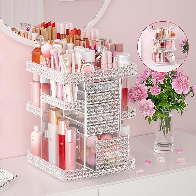 Rotating Makeup Organizer with 6 Drawers[New Updated],DIY Adjustable Make up Organizers and Storage Different Types of Cosmetics and Jewelry,Spinning Perfume Organizer (Plus Size-Clear)