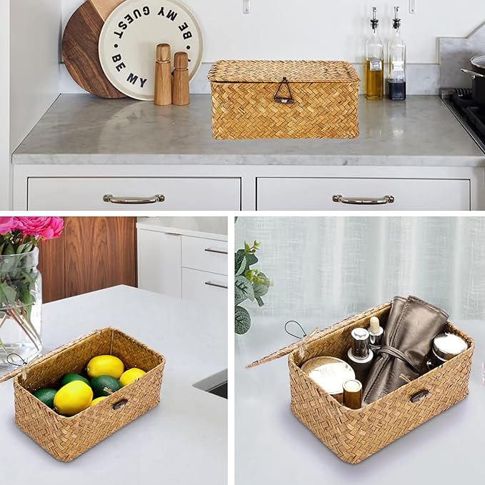 Hipiwe Wicker Shelf Baskets Bin with Lid, Handwoven Seagrass Basket Storage Bins Rectangular Household Basket Boxes for Shelf Wardrobe Home Organizer, Caramel X-Small