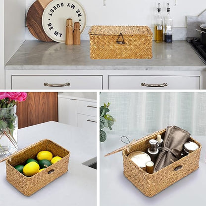 Hipiwe Wicker Shelf Baskets Bin with Lid, Handwoven Seagrass Basket Storage Bins Rectangular Household Basket Boxes for Shelf Wardrobe Home Organizer, Caramel X-Small