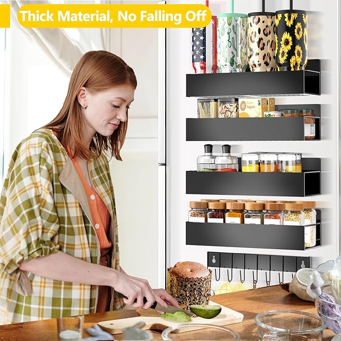 SMRCAD Magnetic Spice Rack for Refrigerator Seasoning Organizer for Spice Fridge Shelf storage Magnetic Shelf with Hook for Oven (BLACK, 5pack)