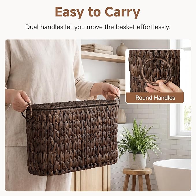 StorageWorks Bathroom Toilet Paper Storage Holder with Lid, Wicker Toilet Paper Basket for 6 Regular Rolls, Slim Basket Organizer with Handles, Water Hyacinth Storage Baskets for Bathroom, Brown