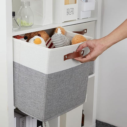DULLEMELO Storage Cubes 13 inch, Collapsible Sturdy Cube Storage Bins With Handles for Organizing,Fabric Storage Baskets for Shelves Nursery Closet Home Organization (White&Grey-4 Pack)