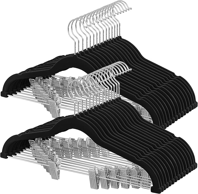 SONGMICS HOME Velvet Pants Hangers with Adjustable Clips, Non-Slip Space-Saving Clothes Hangers, 30 Pack, Shoulder Notches for Skirts, Black