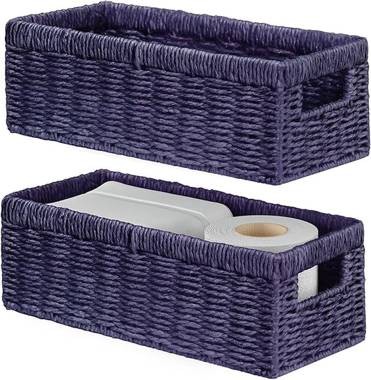 Vagusicc Wicker Storage Basket, Paper Rope Wicker Baskets with Handles, Toilet Paper Basket for Toilet Tank Top, Small Wicke Baskets for Organizing Shelves, 2-Pack, Purple