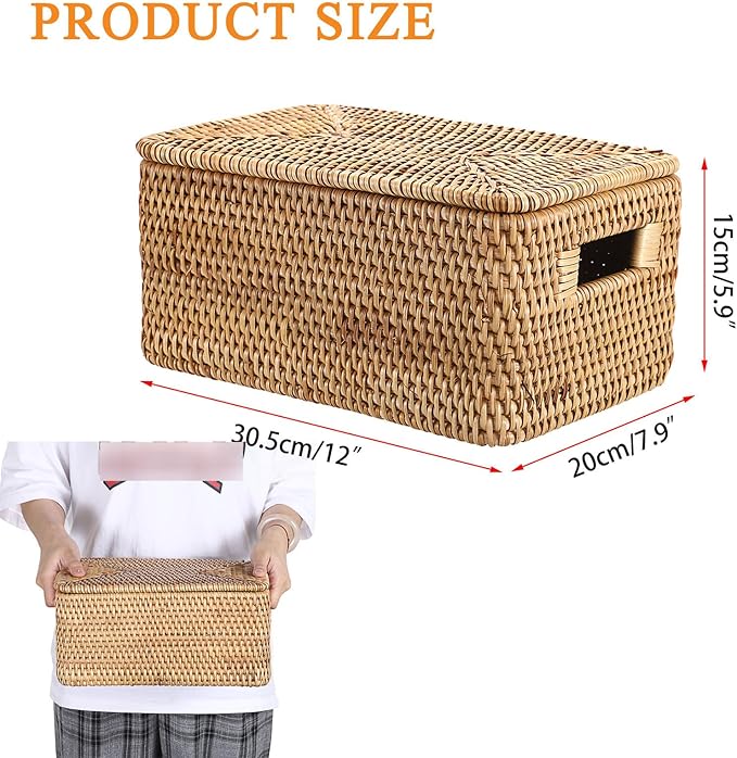 Hipiwe Rattan Basket with Lid Rectangular Lidded Basket Natural Hand-Woven Wicker Storage Basket Bin for Shelf Organizing Picnic Food Bread Table Storage Basket, 12"x7.9"x 5.9"