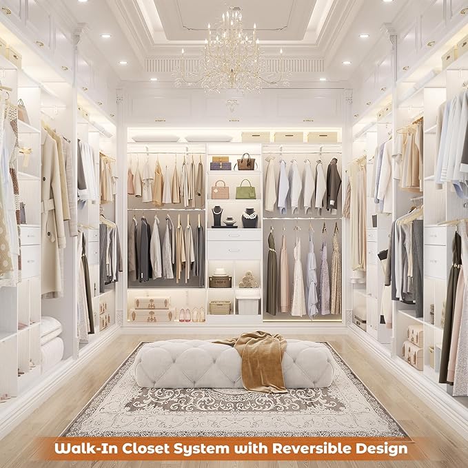 Besiost Closet System - 8FT Closet Organizer System with Wooden Drawers, 96" Closet Systems for Walk-In Closets with Cuttable Hanging Shelving, White