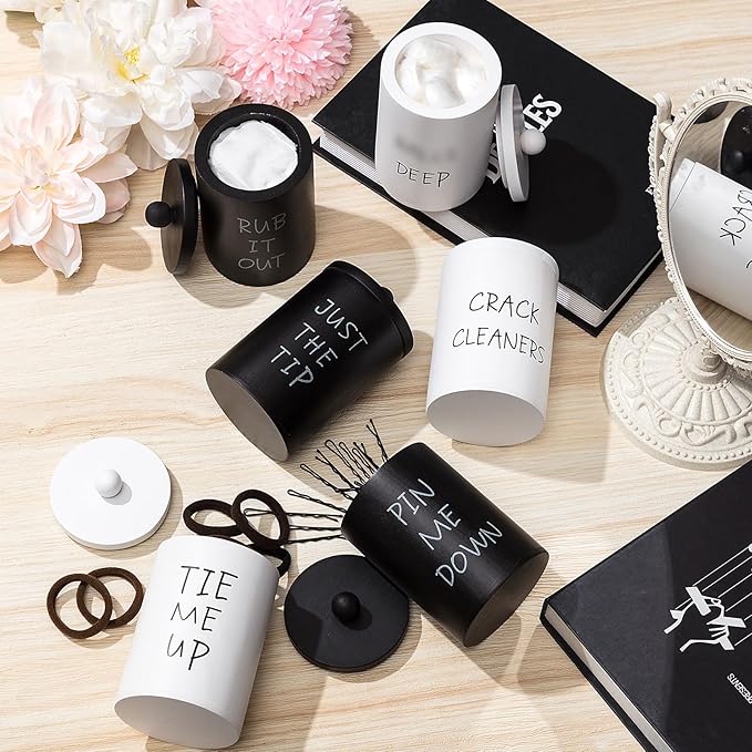 6 Pcs Apothecary Jars with Lids Wooden Cotton Ball Holder Rustic Cotton Swab Holder Wood Bathroom Canisters Farmhouse Dispenser for Bathroom Accessories Storage Organization