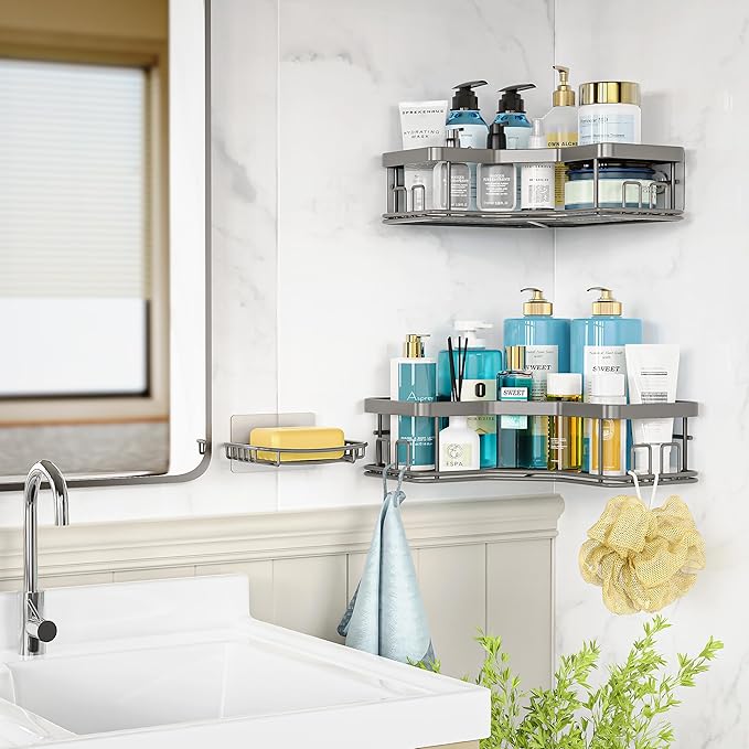 MAXIFFE 3 Pack Corner Shower Caddy with Soap Holder, Large Capacity and Easy Install, No Drilling Shower Shelves, Stainless Steel Shower Organizer Hold 40 LBS for Family Renters, Grey