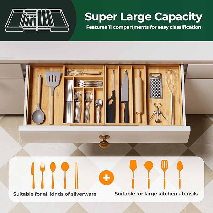 Large Silverware Organizer, 11 Slots Magnetic Connected Expandable Acacia Wood Utensil Drawer Organizer From 21 to 37.4 Inches, Adjustable Flatware and Cutlery Holder, Utensil Tray for Kitchen