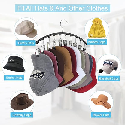 Hat Hangers for Closet, Metal 1 Pack Hat Organizer Holder for Hanger Closet Display, Hat Racks for Baseball Caps w/10 Clips, Hat Holder for Ball Caps & Accessories, for Men Women, Black