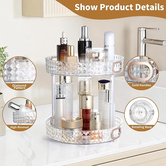 360 Rotating Makeup Organizer, 2 Tier Diamond Pattern Perfume Organizer, 10.6" Large Capacity Skincare Lotion Organizer, Designed for Vanity and Bathroom Countertops, Clear