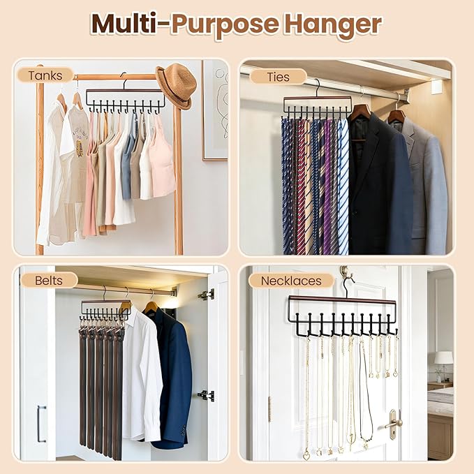 2PCS Tie Rack Hanger for Closet Upgraded 2-in-1 Tie and Belt Hanger Non Slip Tie Rack with 20 Hooks Tie Hanger Space Saving Wooden Belt Tie Organizer for Tank Tops Bras Cami Scarves, Walnut Color