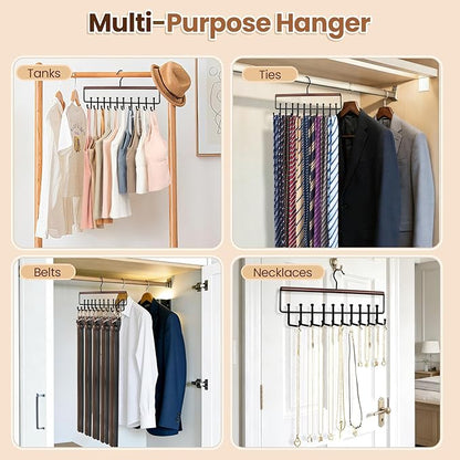 2PCS Tie Rack Hanger for Closet Upgraded 2-in-1 Tie and Belt Hanger Non Slip Tie Rack with 20 Hooks Tie Hanger Space Saving Wooden Belt Tie Organizer for Tank Tops Bras Cami Scarves, Walnut Color
