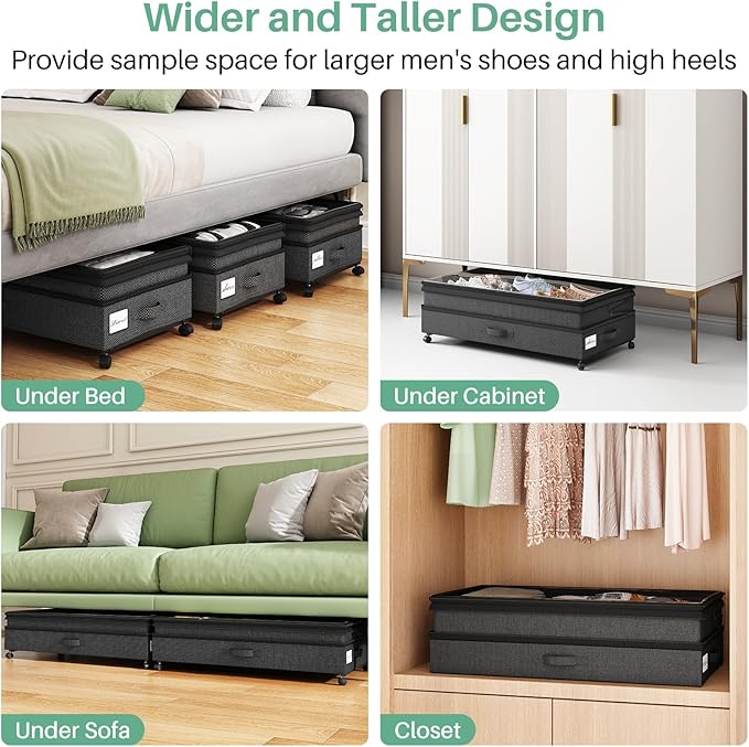 Kitstorack 2Pack Height-adjustable Under Bed Storage with Wheels, Under Bed Storage Containers,Under Bed Shoe Storage Organizer with Clear Window&Label, Suitable for Clothes Storage, Black