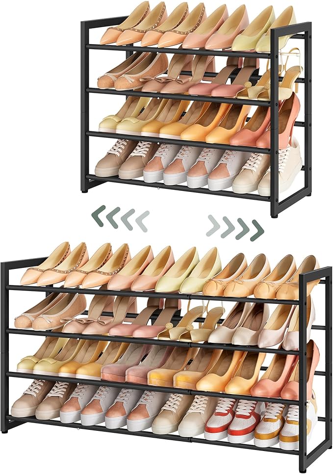 FAVOOSTY 4-Tier Expandable Shoe Rack, Adjustable Shoe Shelf Storage Organizer Space Saving Metal Free Standing Shoe Rack for Entryway Closet Doorway, Black