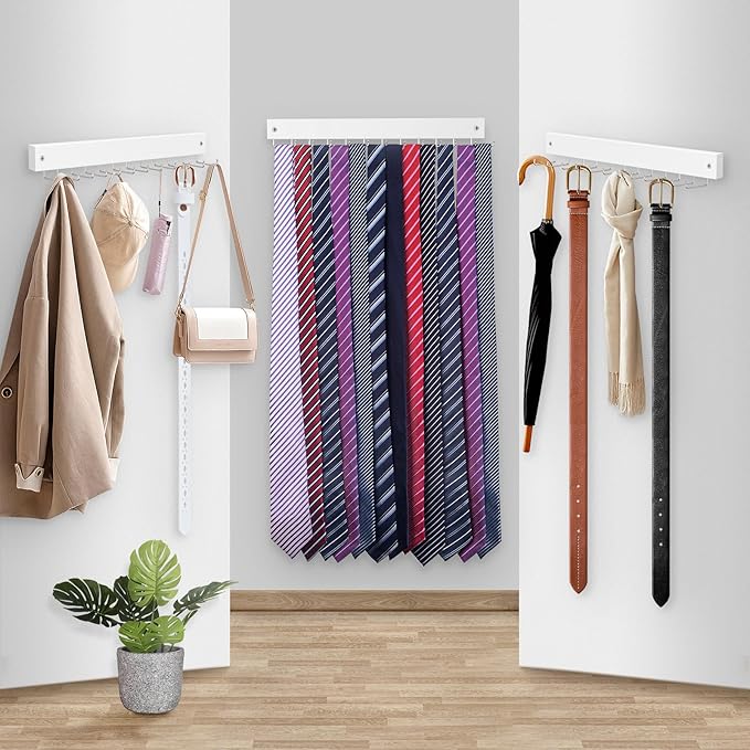 【2 in 1】 2 Pack Tie Organizer Belt Organizer Wall Mounted, Space Saving Tie Rack Belt Hanger for Closet with 24 Storage Hooks, Belt Tie Holder for Closet Organizer Storage White