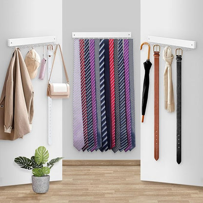 【2 in 1】 2 Pack Tie Organizer Belt Organizer Wall Mounted, Space Saving Tie Rack Belt Hanger for Closet with 24 Storage Hooks, Belt Tie Holder for Closet Organizer Storage White