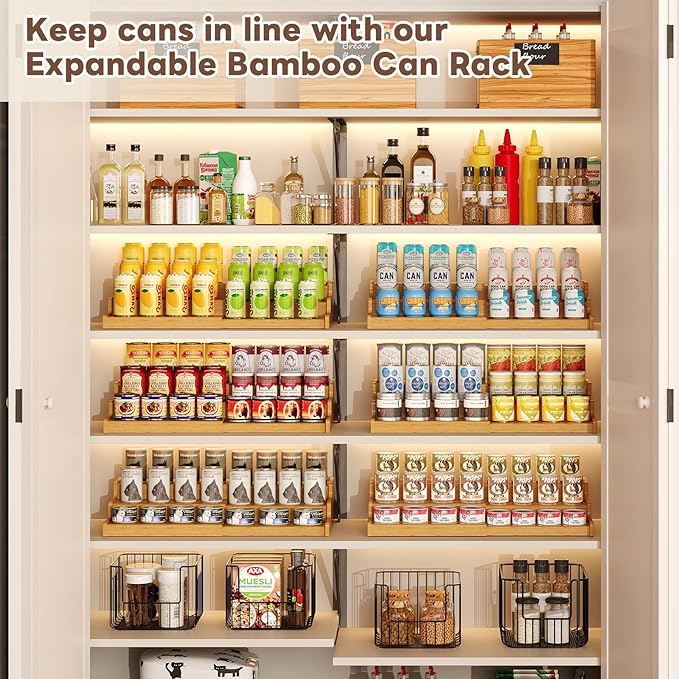 Expandable Bamboo Can Storage Display for Pantry, Easy-Access 3-Tier Adjustable Can Organizer Shelf for Cabinets, Canned Goods & Food Storage, Soda Can Organizer Holds Up to 24 Cans (Patent Pending)