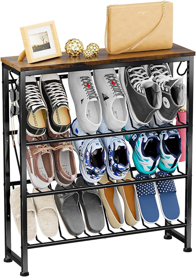 Narrow Shoe Rack, 4 Tier Slanted Metal Shoe Organizer for Small Space, Bench Shoe Storage Shelf for Entryway, Closet, Rustic Brown