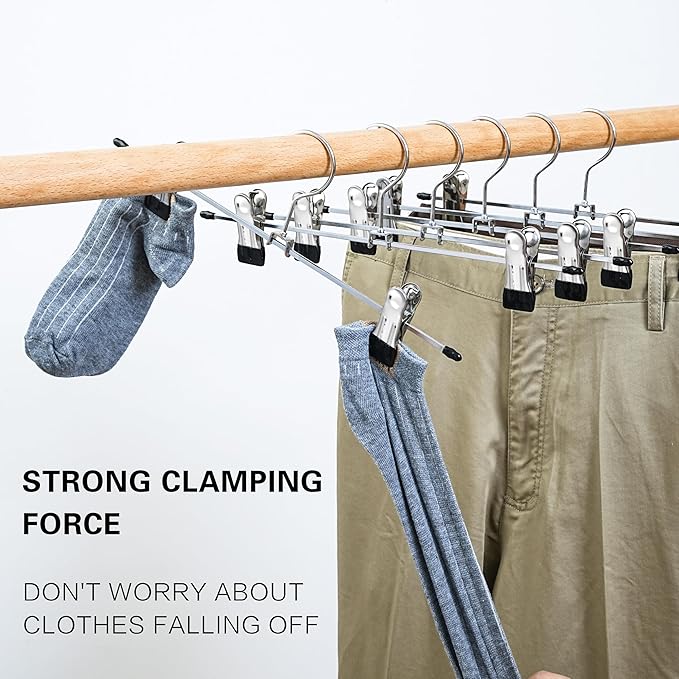 Metal Pants Hangers with Clips, Lightweight Skirt Hangers, 13 Inch, Strong Grip Clips, Black and Silver, 15 lb Capacity