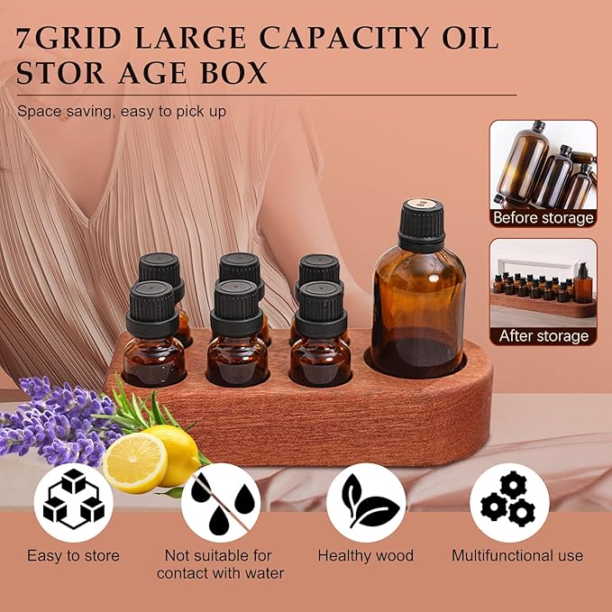 Wooden Essential Oil Holder with 7 Holes (4cmx6 & 6cmx1), Retro Desktop Display Rack for Bathroom Vanity Desk Organizer